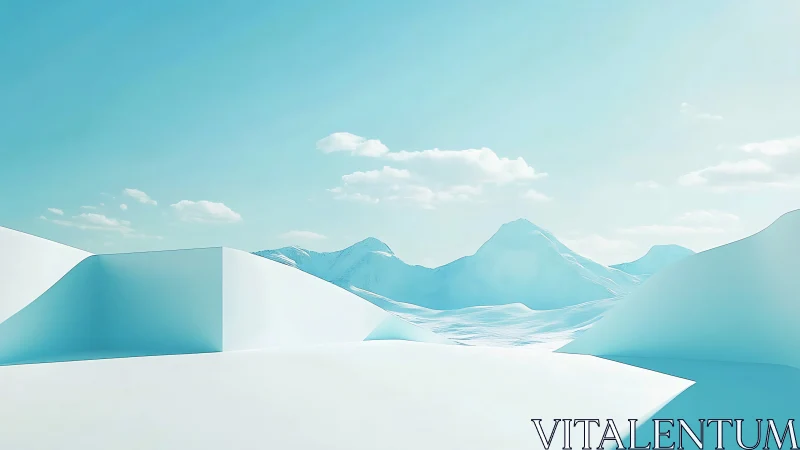 Minimalist cyan glacial landscape with geometric snow planes