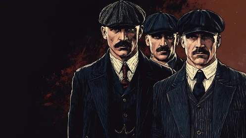 Three stern men in vintage suits and caps in dark scene.