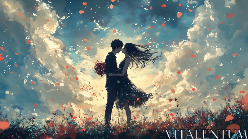 Couple Dancing Under Falling Hearts in Dreamlike Sky