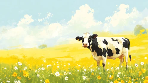Holstein cow stands in bright yellow meadow under sky