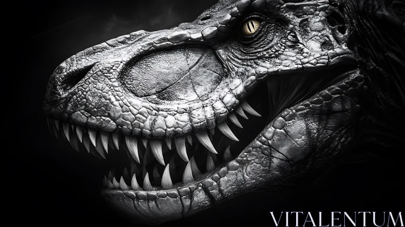Monochrome close-up of predatory dinosaur head profile.