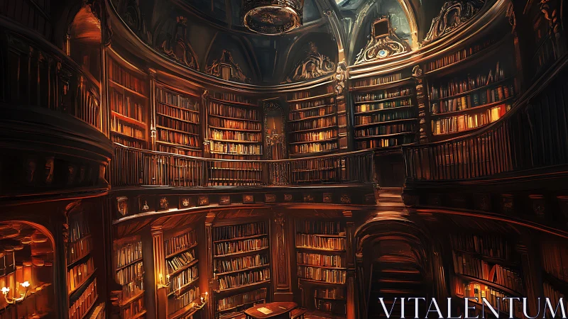 Grand circular library interior with warm golden shelves.