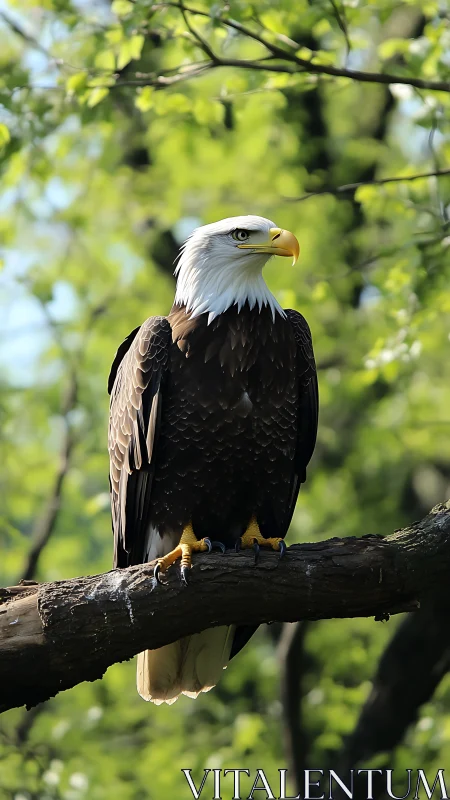 Bald eagle grips mossy branch under soft spring light.
