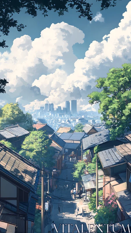 Sunlit hillside alley meets distant modern city skyline