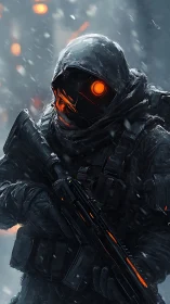 Thermal-visor combat sentinel in blizzard-torn urban corridor.