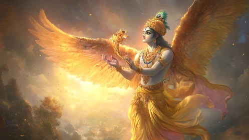 Winged celestial deity in radiant golden sky vision.