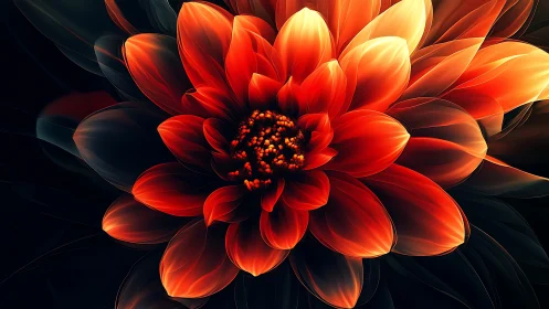 Digital macro rendering of luminous red-orange flower form.