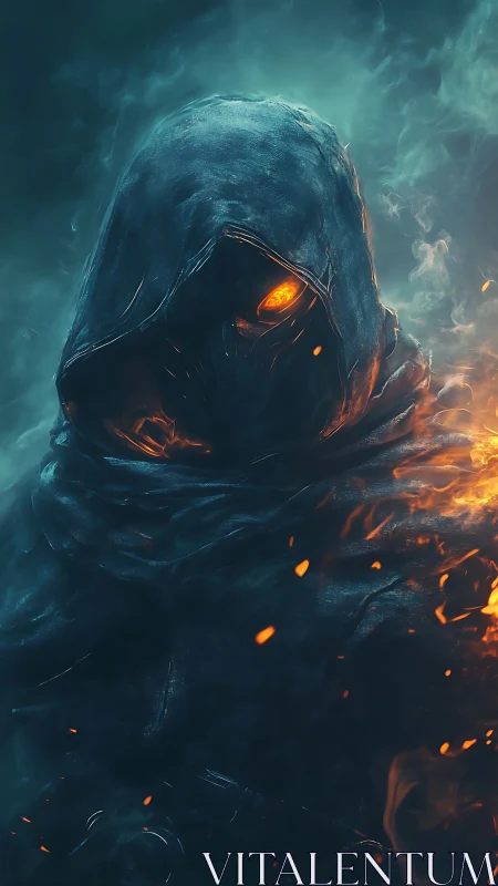 Hooded ember warlock emerging from swirling stormfire.