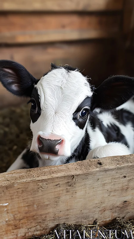 Holstein calf portrait inside wooden barn stall.
