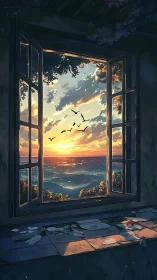 Sunset landscape viewed through open window in old room