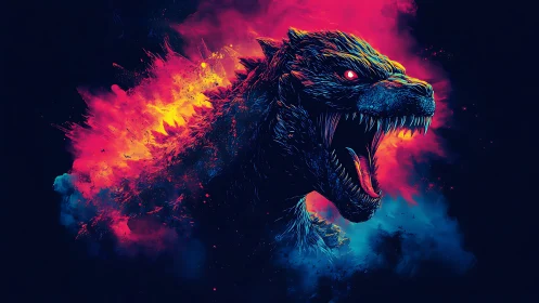 Neon reptilian creature head amid red and blue particle clouds.