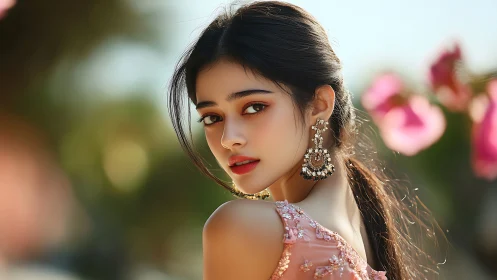 Photorealistic portrait of woman in pink dress, outdoor bokeh