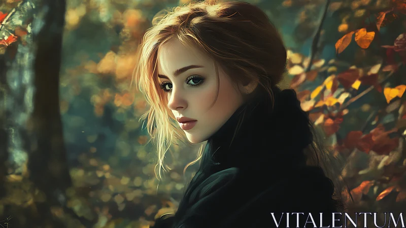 Soft autumn light wraps a thoughtful young woman in warmth