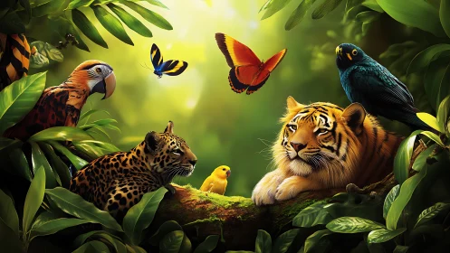 Jungle Wildlife Rendered With Tiger, Leopard, Parrot, and Butterflies