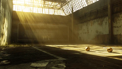 Sunlit abandoned indoor court with balls on dusty floor