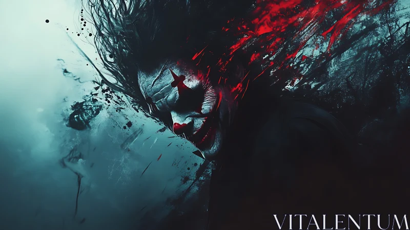 Digital painting portrait of chaotic crimson clown visage.
