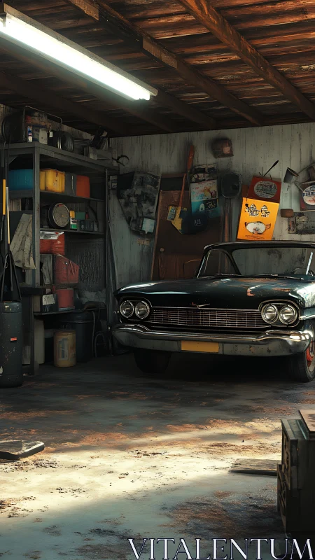 Vintage convertible stored in cluttered mechanic garage interior.