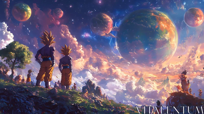 Saiyan stargazers under colossal swirling dreamworld skies.