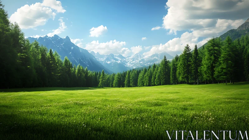 Sunlit mountain meadow opens onto calm forests and peaks