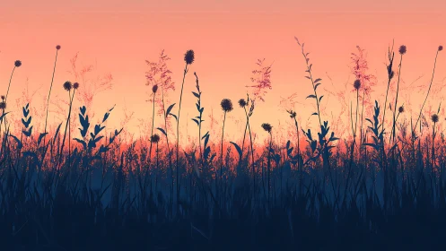Silhouetted wild grasses aligned against gradated sunset sky.
