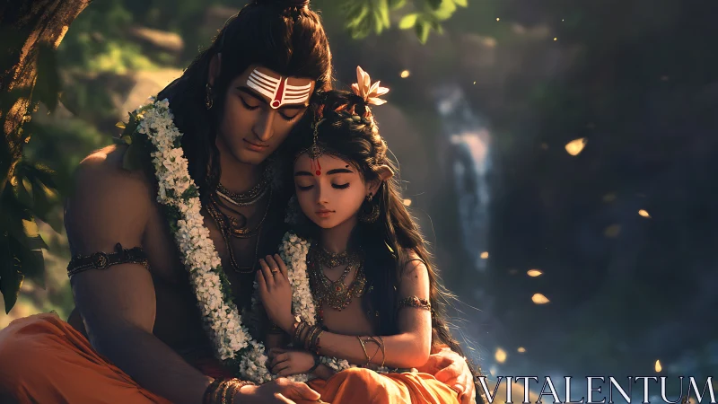 Divine father and child share a serene moment by waterfall