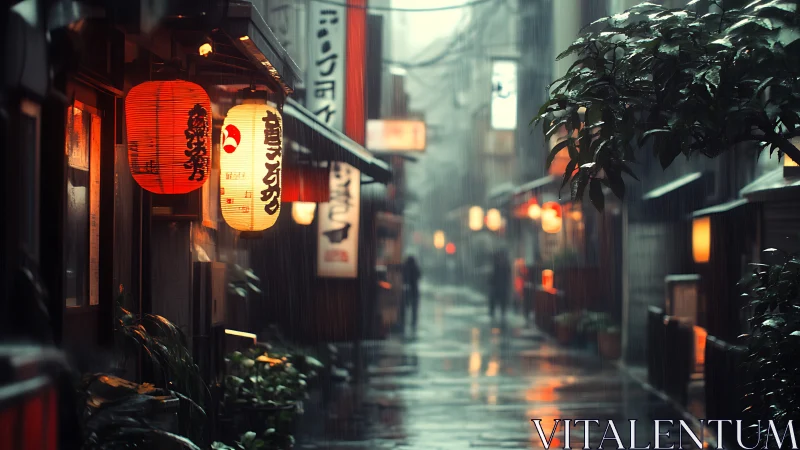 Rain-soaked Tokyo alleyway with lantern-lit depth-of-field study.