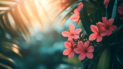 Pink Flowers Bathed in Golden Sunset Light.