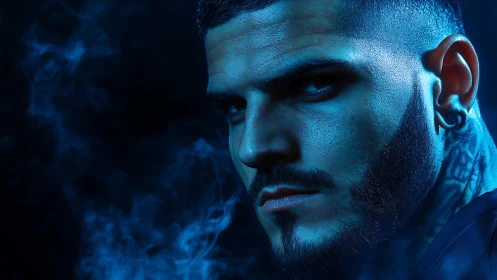 Moody blue portrait of tattooed man with sharp beard detail