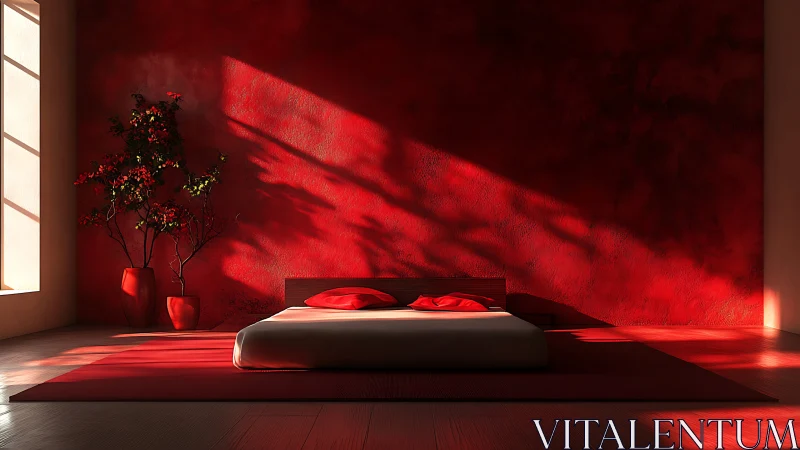 Minimalist red bedroom glows under dramatic window light.