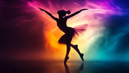 Digital painting of ballet silhouette in prismatic motion field.