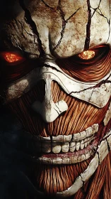 Digital painting close-up of cracked skeletal titan visage.