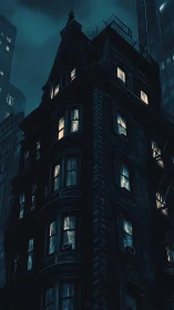 Noir city corner townhouse with moody cinematic lighting.