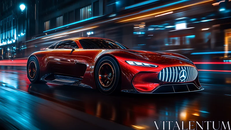 Scarlet street rocket carves neon lanes through night rain