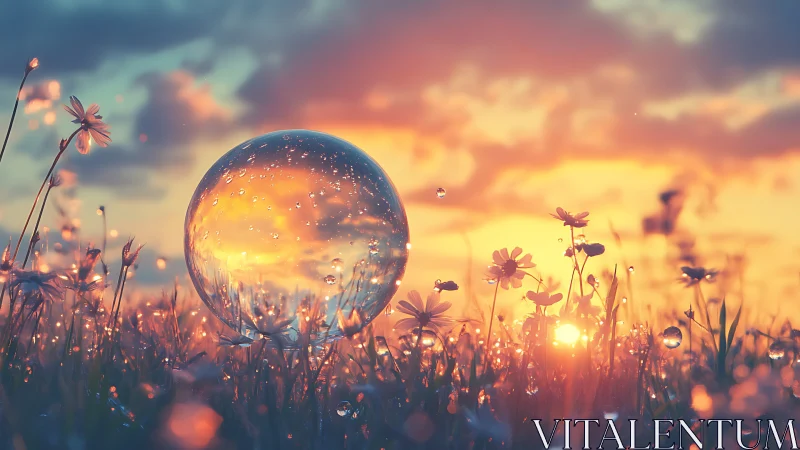 Crystal sphere in dewy wildflower meadow at vivid sunset
