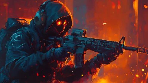 Hooded ember-eyed marksman stalks through molten cityfire