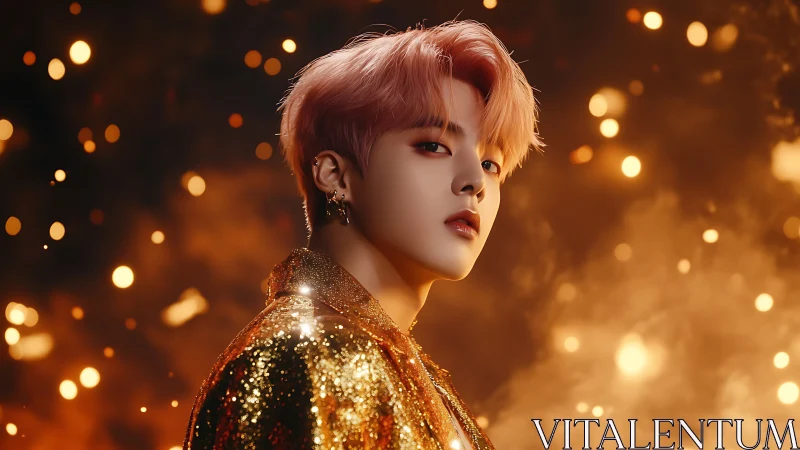 Sparkling idol in ember-lit bokeh with cinematic glow.