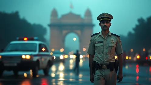 Police officer on urban roadway near landmark monument at dusk.