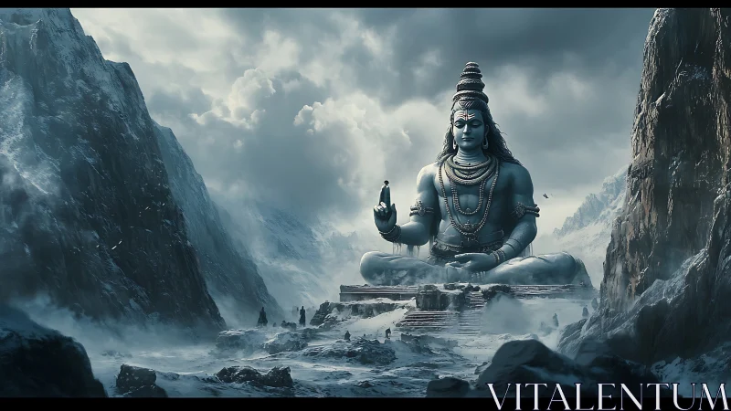 Large deity statue sits in snowy mountain valley landscape