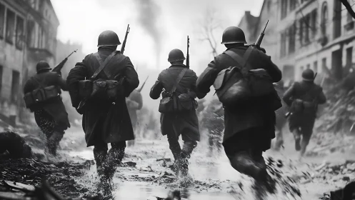 Soldiers advance through ruined city street in dynamic grayscale