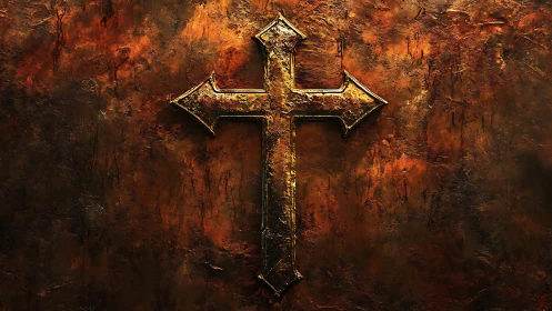 Weathered gilded cross on textured rusted metal field