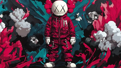 Street toy astronaut quietly rules a storm of neon clouds