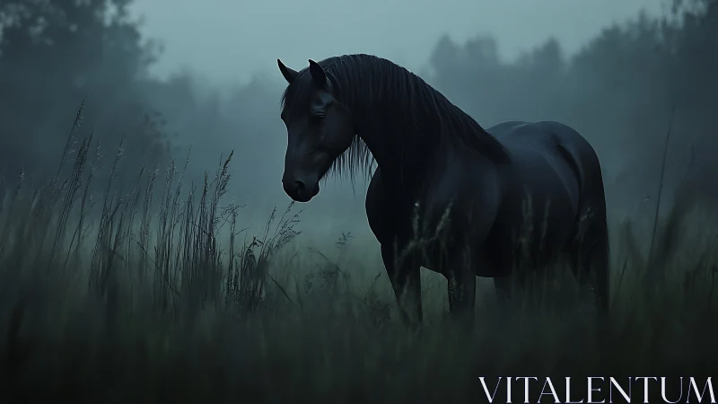 Midnight black horse standing in misty twilight meadow.