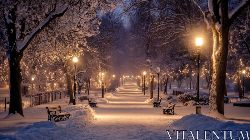 Snow covered park promenade illuminated by winter lamps.