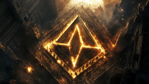Blazing pyramid sigil rises from ancient stone in fiery light