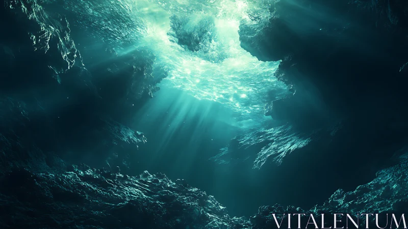 Submerged cavern interior with volumetric teal light rays.