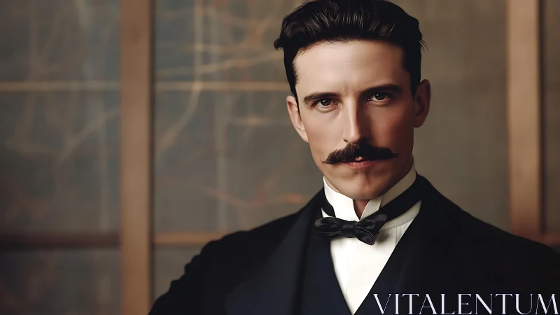 Formal portrait of stern man in classic tuxedo attire.