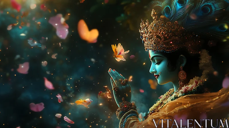 Divine blue deity prays amid glowing butterflies and petals