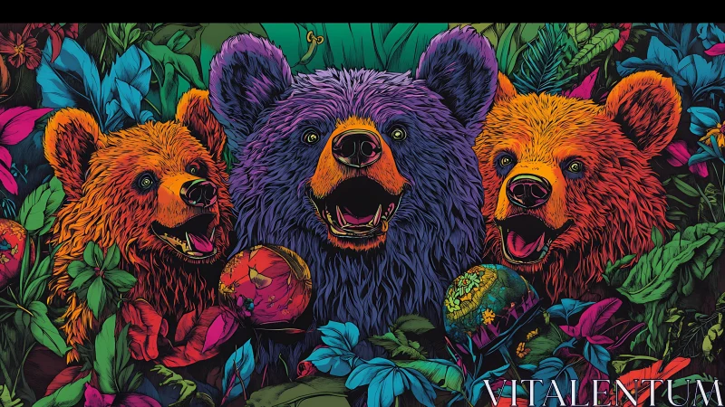Colorful bear trio in dense neon jungle foliage.