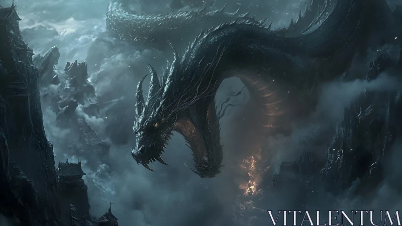 Ancient serpentine dragon engulfs storm-laden mountain citadel