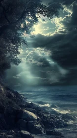 Moonlit storm coast under piercing celestial beams.